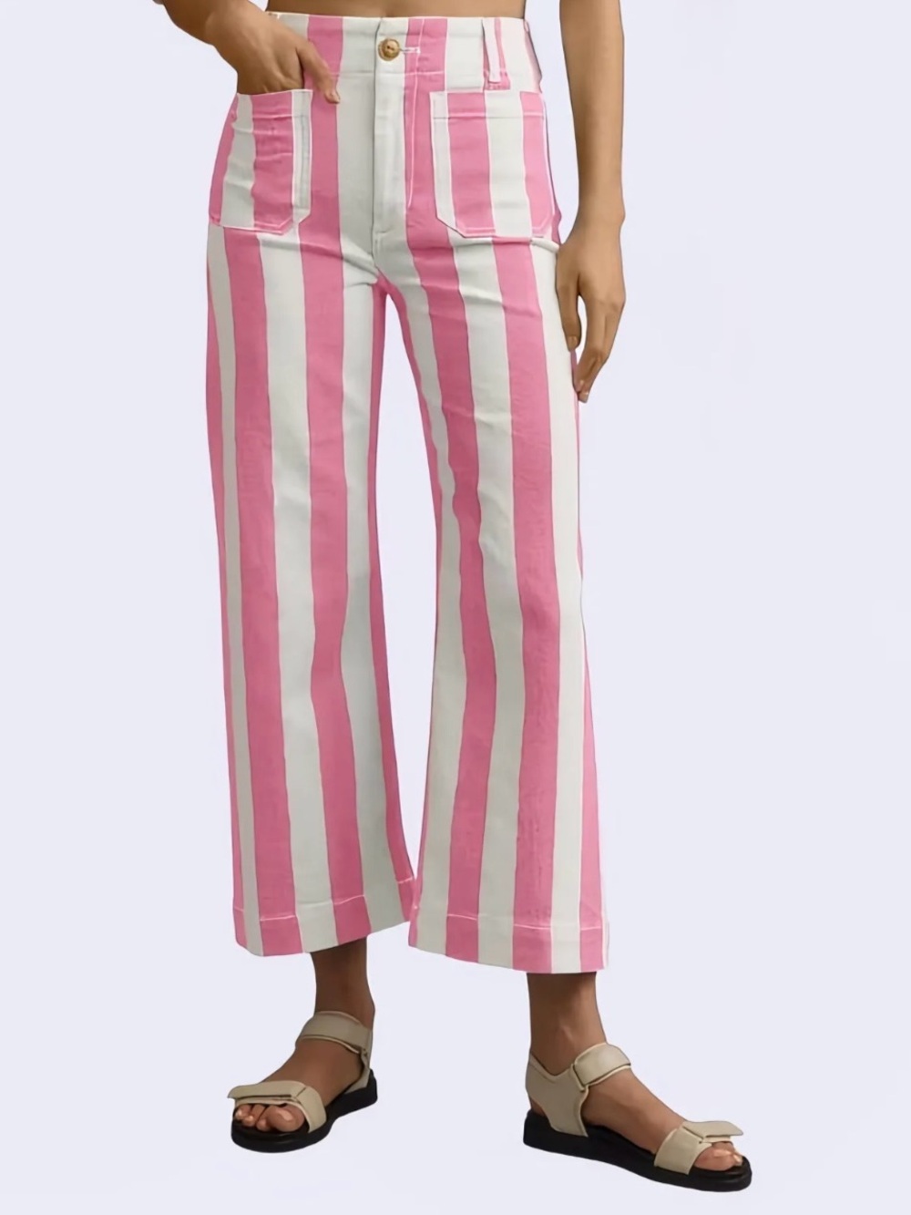 Imily Bela Women's Pink and White Striped High Waisted Cropped Denim Jeans 2